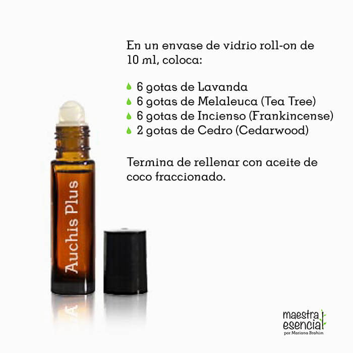 La mezcla Auchis Plus con aceites esenciales doTERRA, está hecha con 6 gotas de Lavanda, 6 de Melaleuca, 6 de incienso, 2 de cedro. En un roll-on de vidrio de 10 ml, rellena con aceite de coco fraccionado.